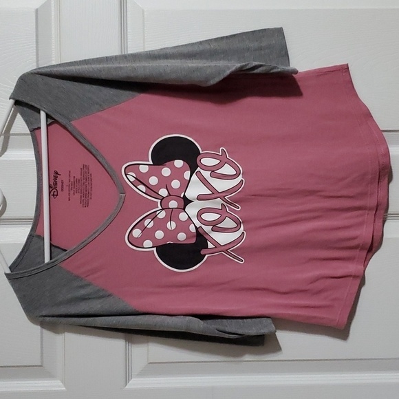 Disney Minnie Mouse Ears Loves & Hugs Pink Grey V Neck 3/4 Sleeve Tee Size Large - Picture 1 of 6